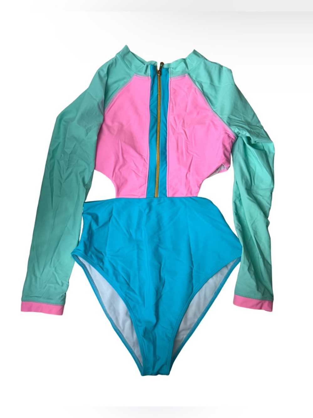 Women’s Colorblock Long Sleeve Cutout One Piece Swimsuit Pink Turquoise